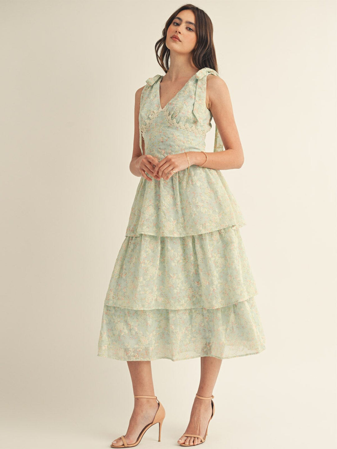 JUST ME WOMEN'S SLEEVELESS V-NECK RUFFLE TIERED FLORAL EMBROIDERY MAXI DRESS