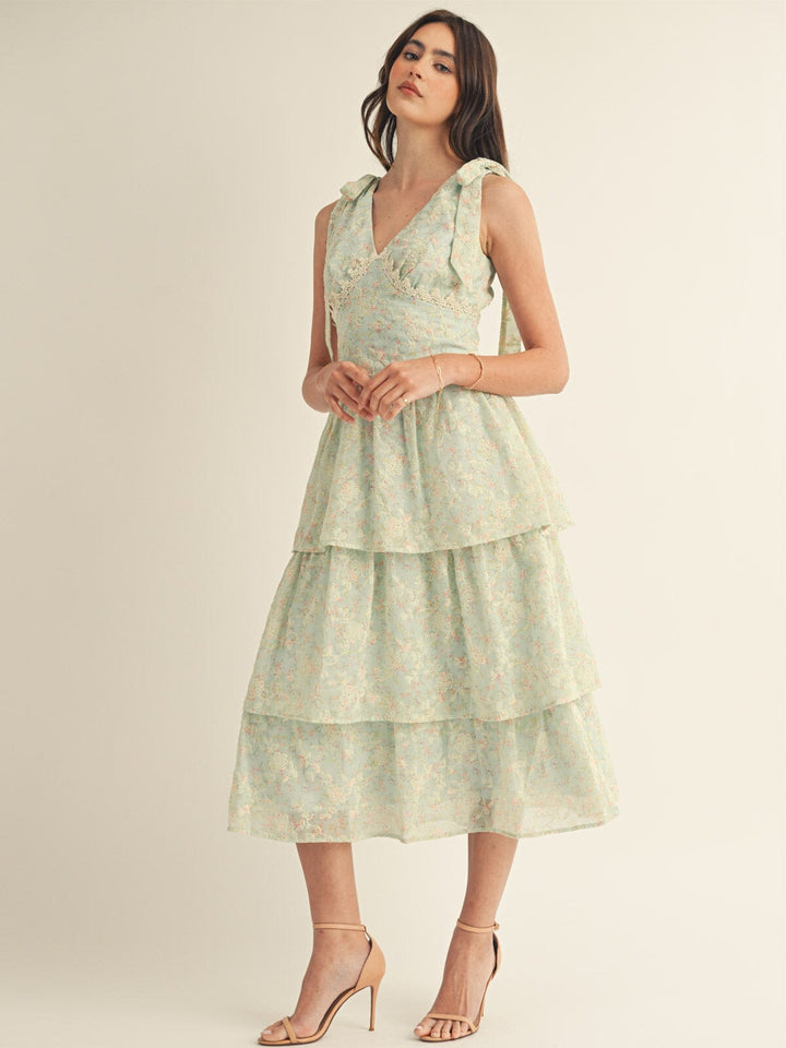 JUST ME WOMEN'S SLEEVELESS V-NECK RUFFLE TIERED FLORAL EMBROIDERY MAXI DRESS