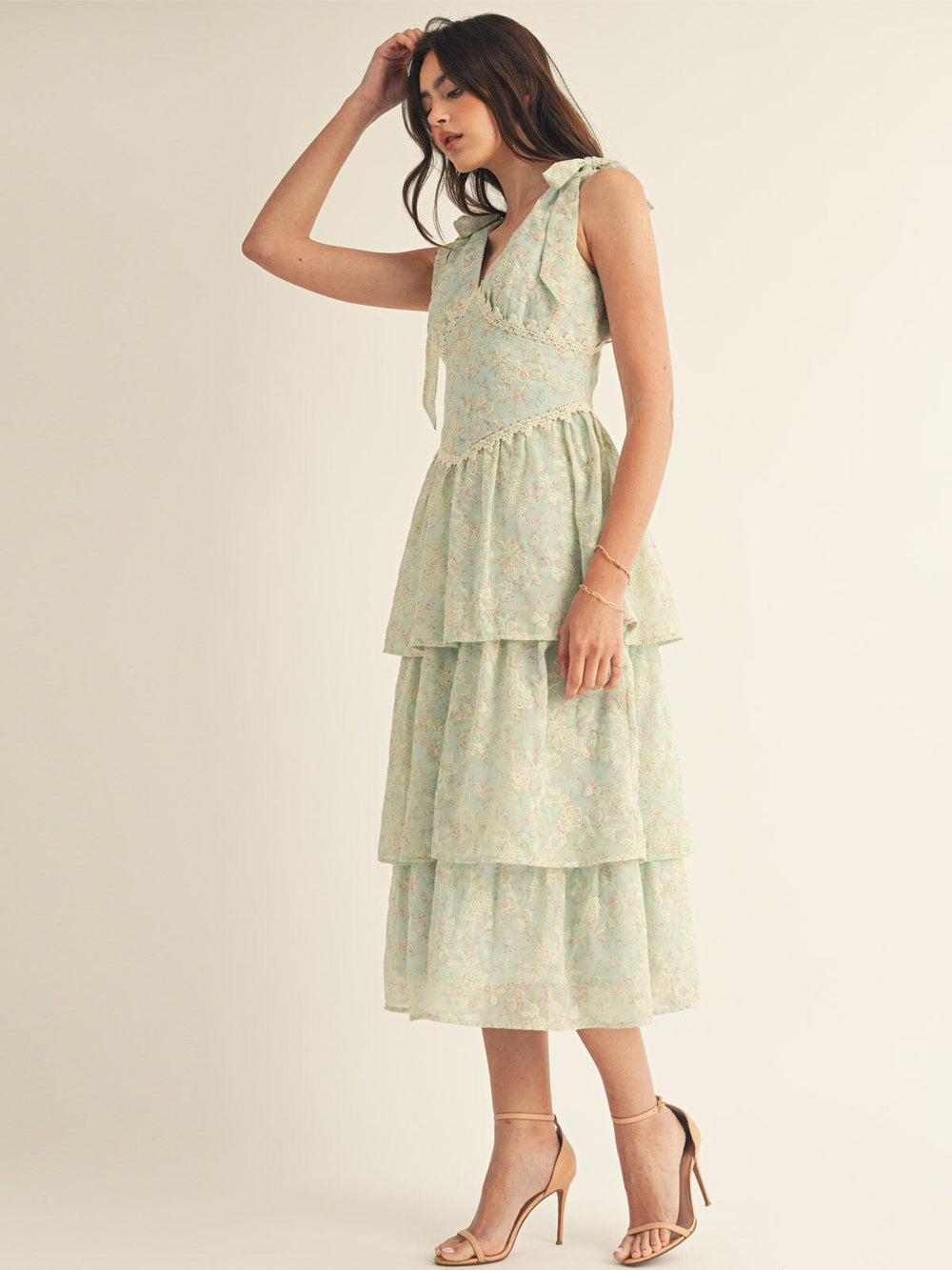 JUST ME WOMEN'S SLEEVELESS V-NECK RUFFLE TIERED FLORAL EMBROIDERY MAXI DRESS
