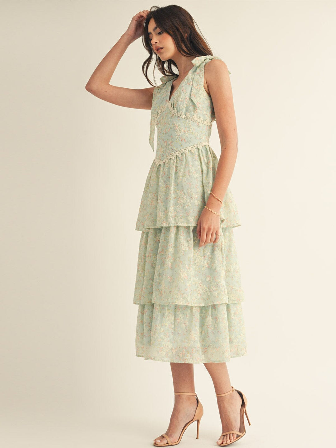 JUST ME WOMEN'S SLEEVELESS V-NECK RUFFLE TIERED FLORAL EMBROIDERY MAXI DRESS