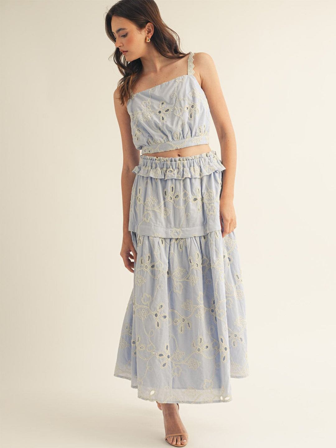JUST ME WOMEN'S SLEEVELESS TOP & ELASTIC WAIST MAXI SKIRT FLOWER CROCHET 2PC. SET