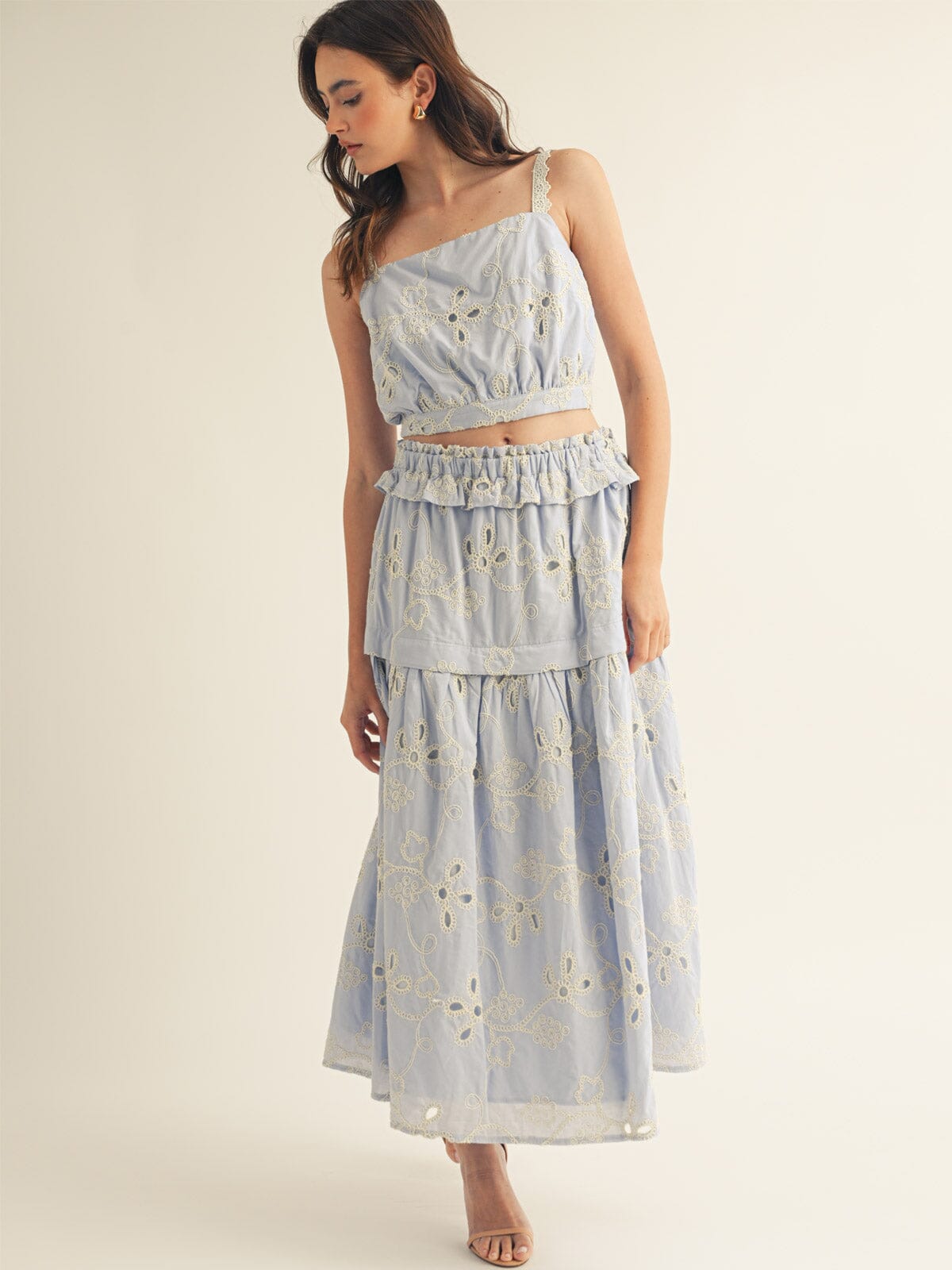 JUST ME WOMEN'S SLEEVELESS TOP & ELASTIC WAIST MAXI SKIRT FLOWER CROCHET 2PC. SET
