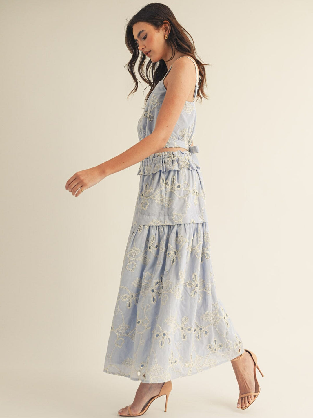 JUST ME WOMEN'S SLEEVELESS TOP & ELASTIC WAIST MAXI SKIRT FLOWER CROCHET 2PC. SET