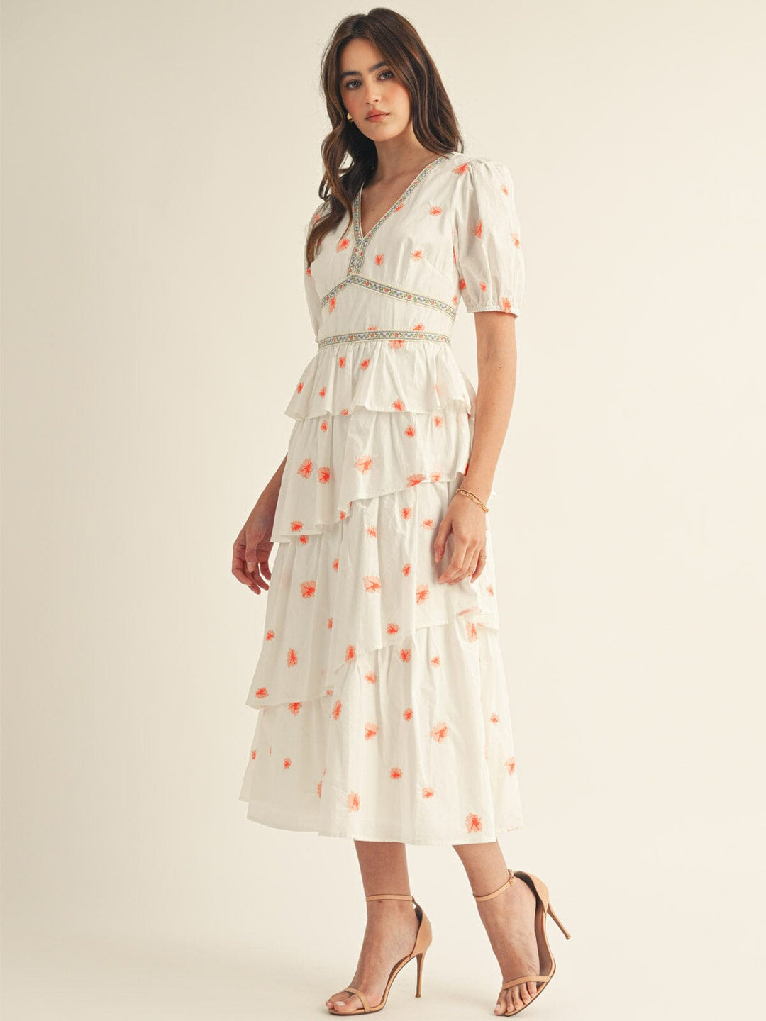 JUST ME WOMEN'S SHORT SLEEVE RUFFLE TIERED STITCHED FLORAL MAXI DRESS