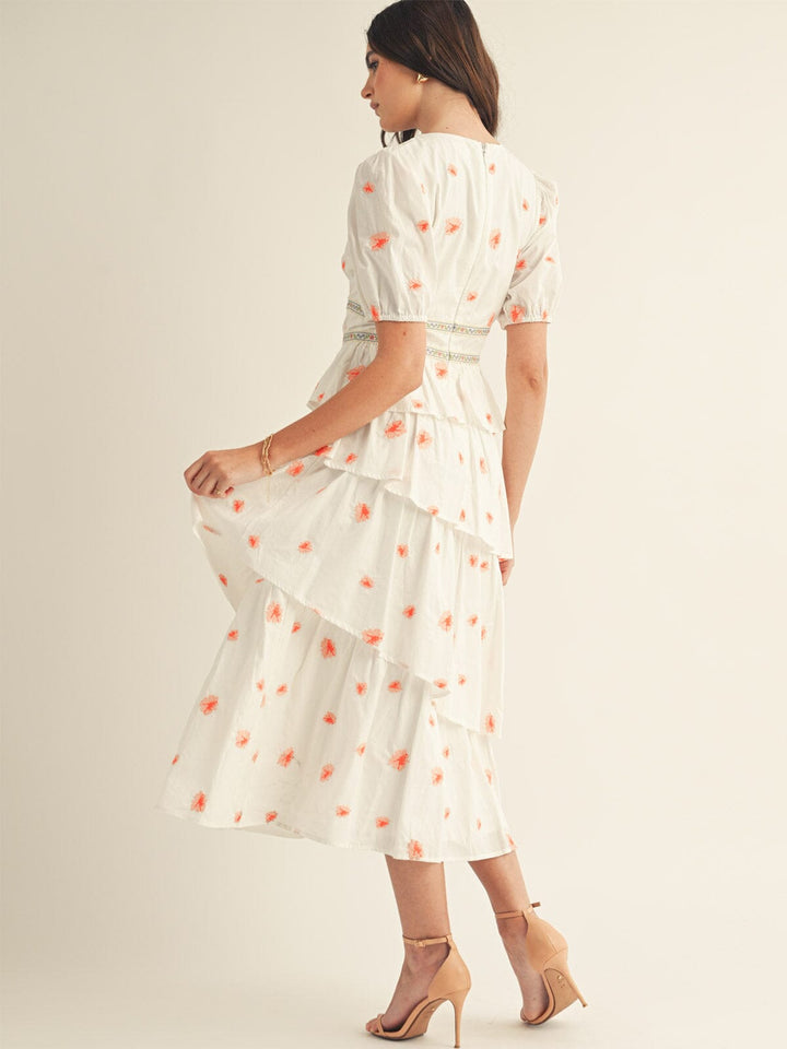 JUST ME WOMEN'S SHORT SLEEVE RUFFLE TIERED STITCHED FLORAL MAXI DRESS