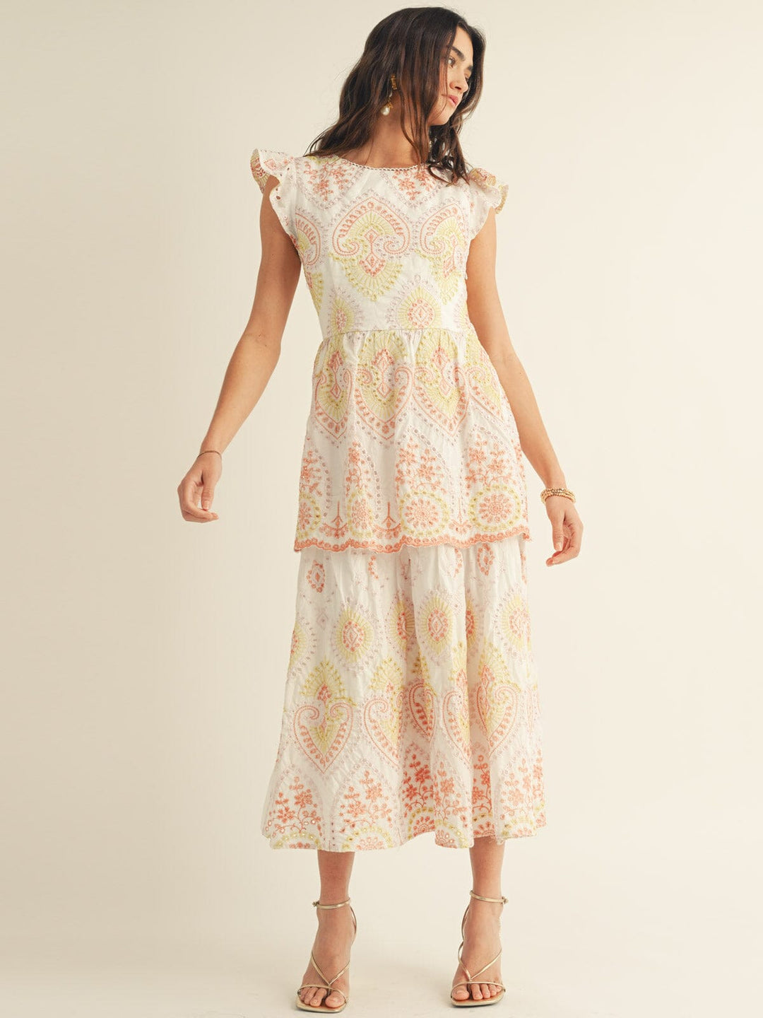 JUST ME WOMEN'S RUFFLE SLEEVE TIERED OPEN BACK EMBROIDERY FLORAL MAXI –  Wholesalefashiontrends.com