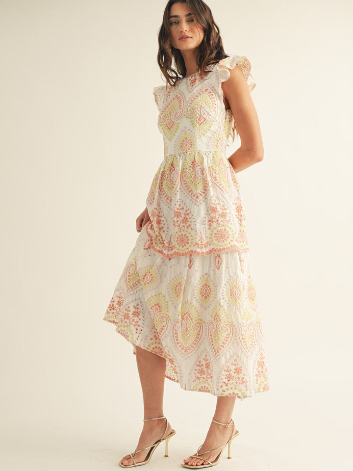 JUST ME WOMEN'S RUFFLE SLEEVE TIERED OPEN BACK EMBROIDERY FLORAL MAXI DRESS