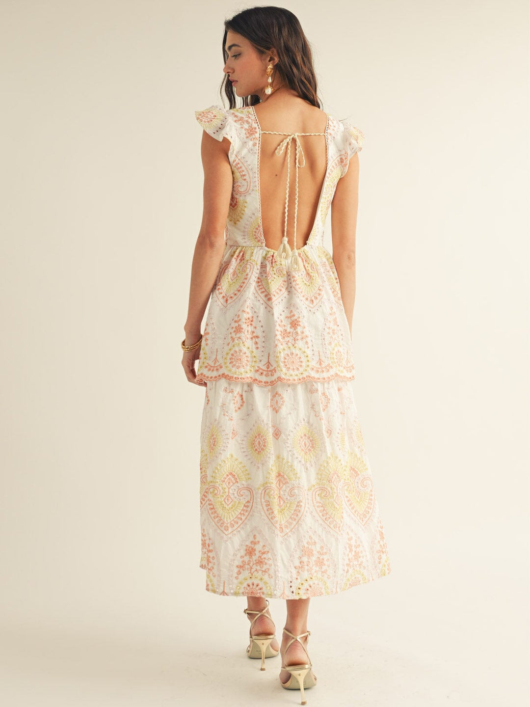 JUST ME WOMEN'S RUFFLE SLEEVE TIERED OPEN BACK EMBROIDERY FLORAL MAXI DRESS
