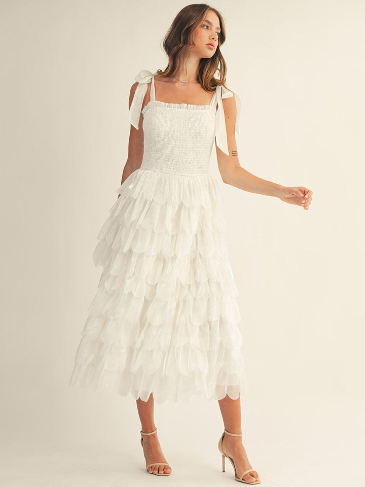 JUST ME WOMEN'S SLEEVELESS SMOCK RUFFLE TIERED MAXI DRESS