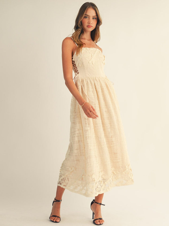 JUST ME WOMEN'S SLEEVELESS SQUARE NECK FRONT POCKETS SIDE LACE UP CROCHET MAXI DRESS