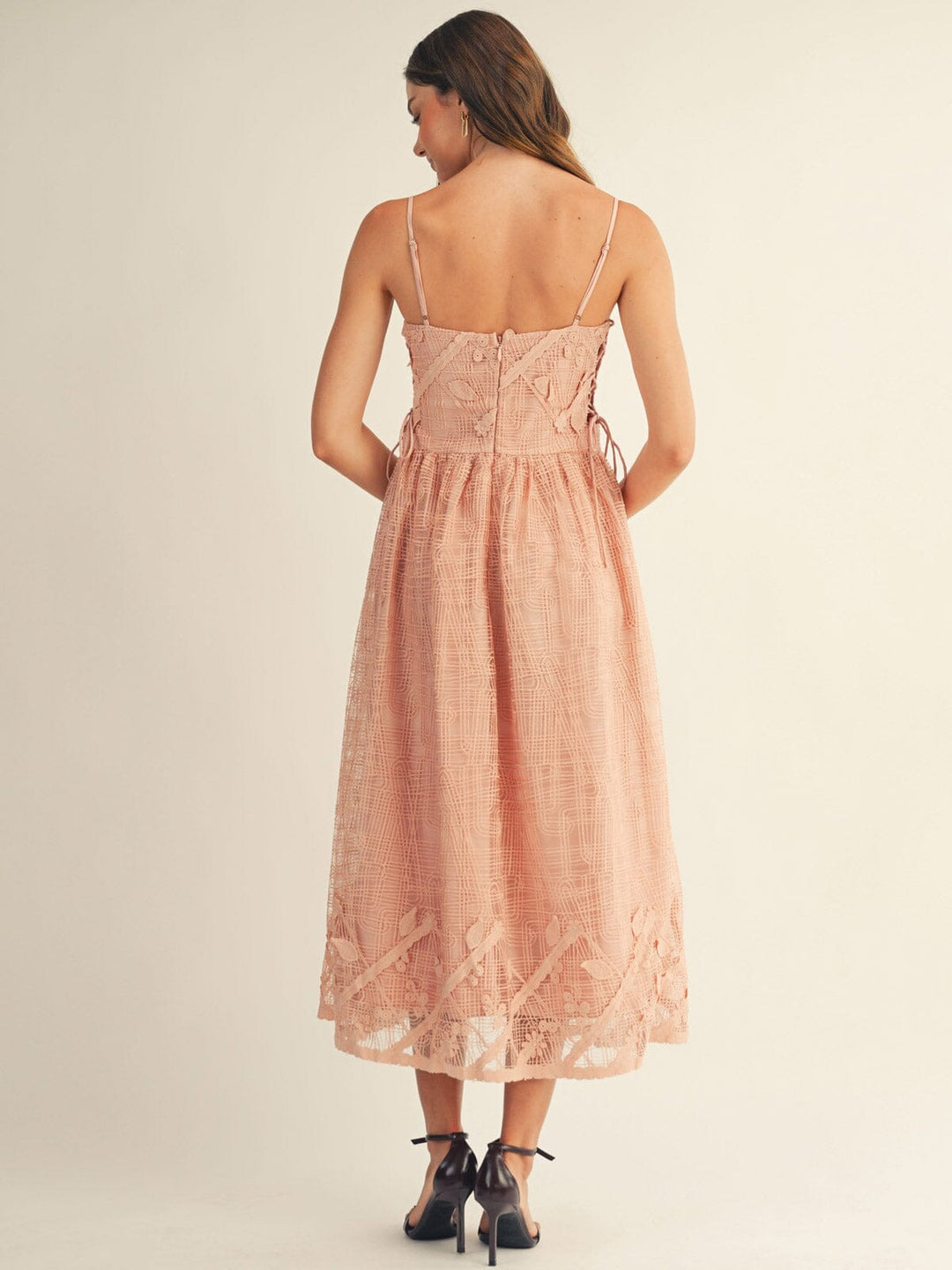 JUST ME WOMEN'S SLEEVELESS SQUARE NECK FRONT POCKETS SIDE LACE UP CROCHET MAXI DRESS