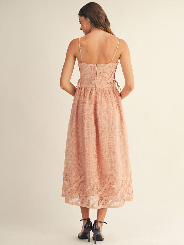 JUST ME WOMEN'S SLEEVELESS SQUARE NECK FRONT POCKETS SIDE LACE UP CROCHET MAXI DRESS