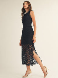 JUST ME WOMEN'S SLEEVELESS SIDE SLIT CROCHET BODYCON MAXI DRESS
