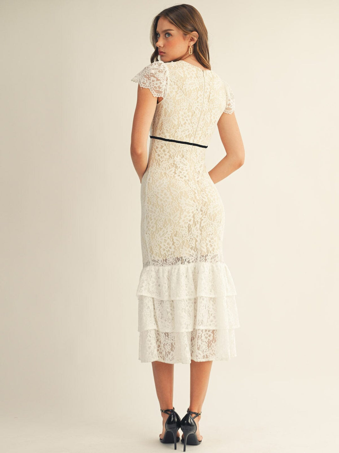 lace bottom dress JUST ME WOMEN'S SHORT SLEEVE V-NECK RUFFLE BOTTOM HEM LACE BODYCON MAX – Wholesalefashiontrends.com