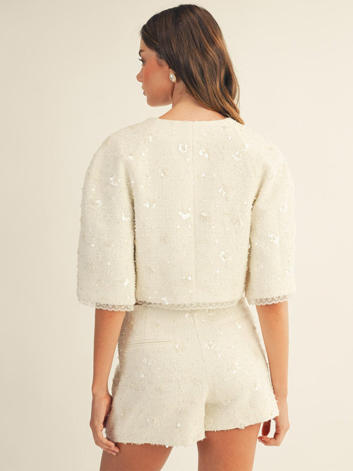 JUST ME WOMEN'S SHORT SLEEVE BLAZER & ZIP UP MINI SKORTS TWEED SEQUINS 2PC. SET