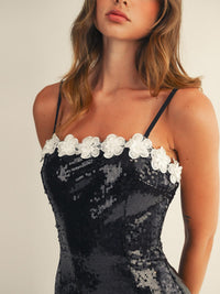 JUST ME WOMEN'S SLEEVELESS FLOWER NECKLINE SEQUINS BODYCON MAXI DRESS