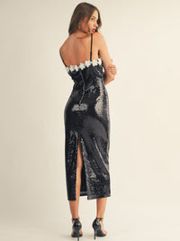JUST ME WOMEN'S SLEEVELESS FLOWER NECKLINE SEQUINS BODYCON MAXI DRESS