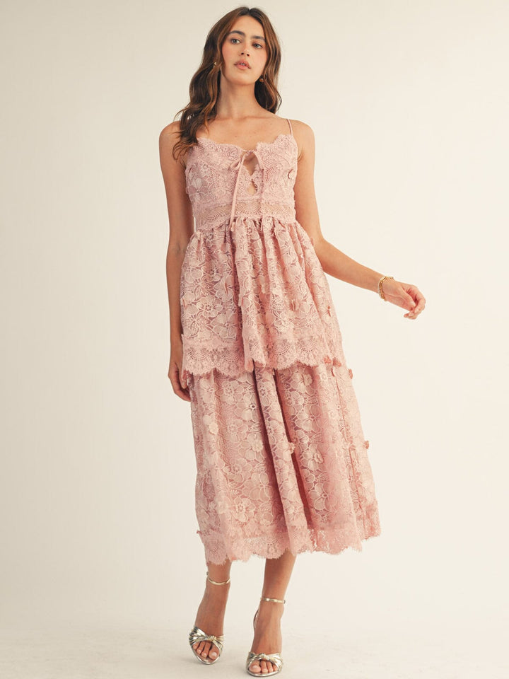 JUST ME WOMEN'S SLEEVELESS V-NECK TIERED FLORAL CROCHET LACE MAXI DRESS (Copy)