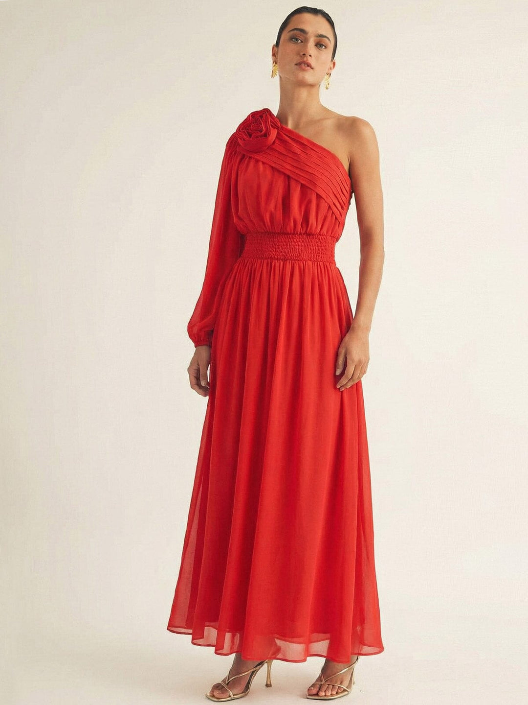 JUST ME WOMEN'S ONE SHOULDER ELASTIC WAIST FLOWER MAXI DRESS