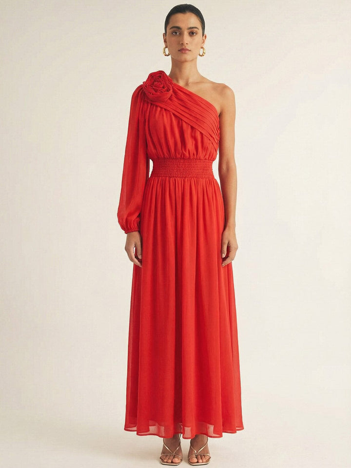 JUST ME WOMEN'S ONE SHOULDER ELASTIC WAIST FLOWER MAXI DRESS