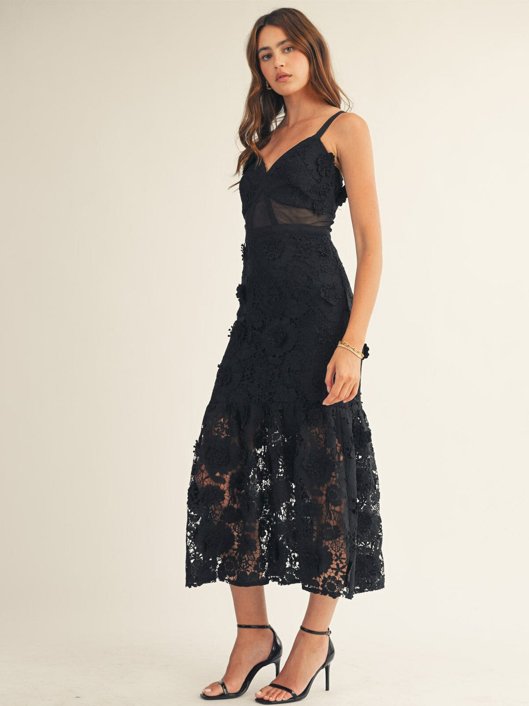 JUST ME WOMEN'S SLEEVELESS V-NECK FRONT SLIT FLORAL CROCHET MAXI DRESS