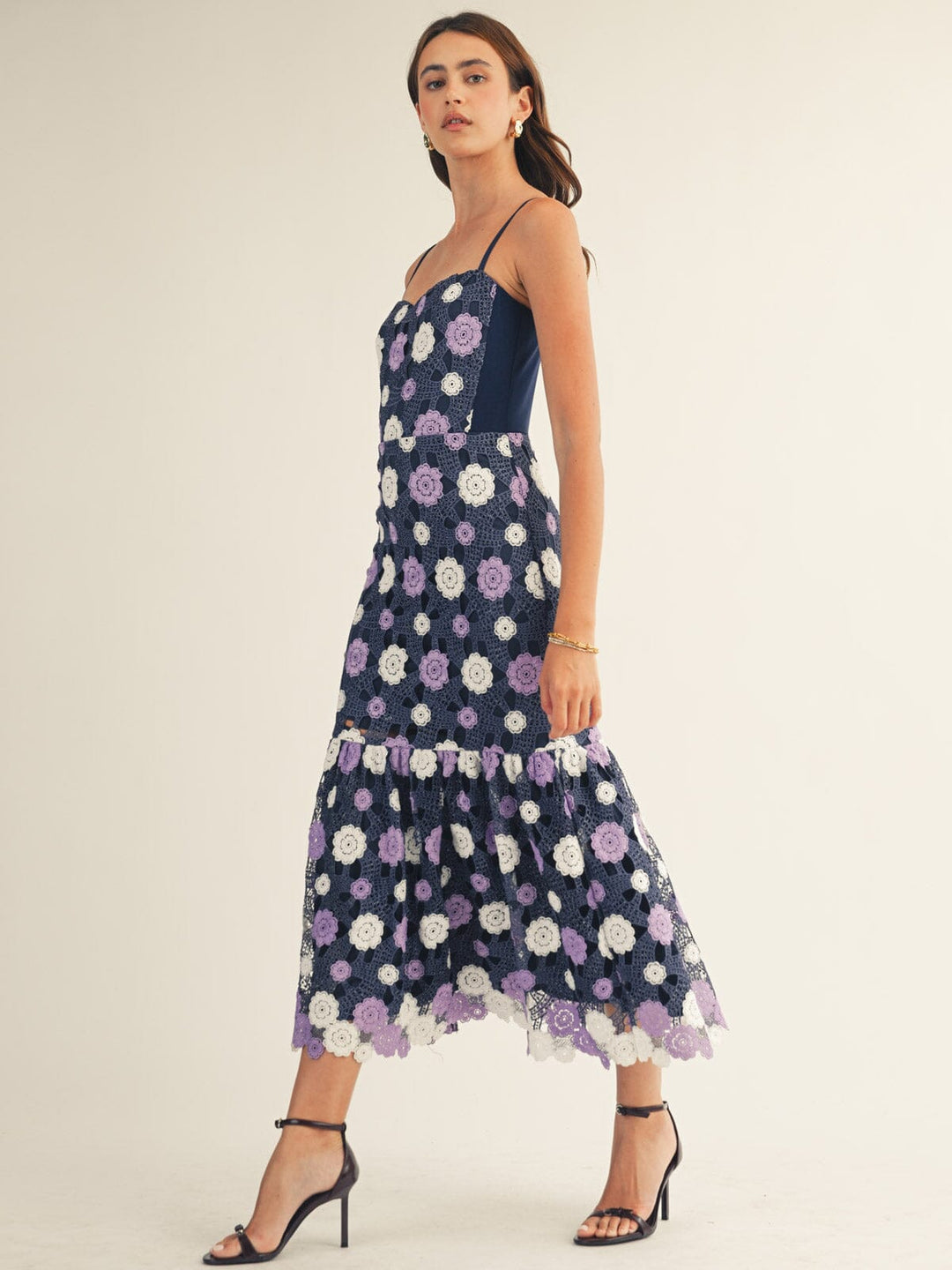 JUST ME WOMEN'S SLEEVELESS V-NECK TIERED FLORAL CROCHET MAXI DRESS