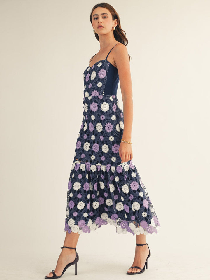 JUST ME WOMEN'S SLEEVELESS V-NECK TIERED FLORAL CROCHET MAXI DRESS
