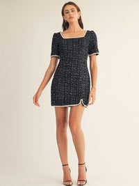 JUST ME WOMEN'S SHORT SLEEVE SQUARE NECK TWEED BODYCON MINI DRESS