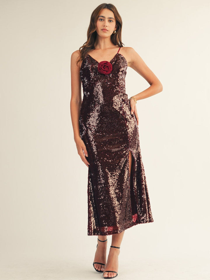 JUST ME WOMEN'S SLEEVELESS V-NECK FLOWER PIN SIDE SLIT BODYCON SEQUINS MAXI DRESS