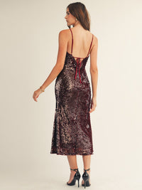 JUST ME WOMEN'S SLEEVELESS V-NECK FLOWER PIN SIDE SLIT BODYCON SEQUINS MAXI DRESS
