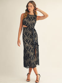 JUST ME WOMEN'S SLEEVELESS SIDE CUT OUT FRONT SLIT CROCHET MAXI DRESS