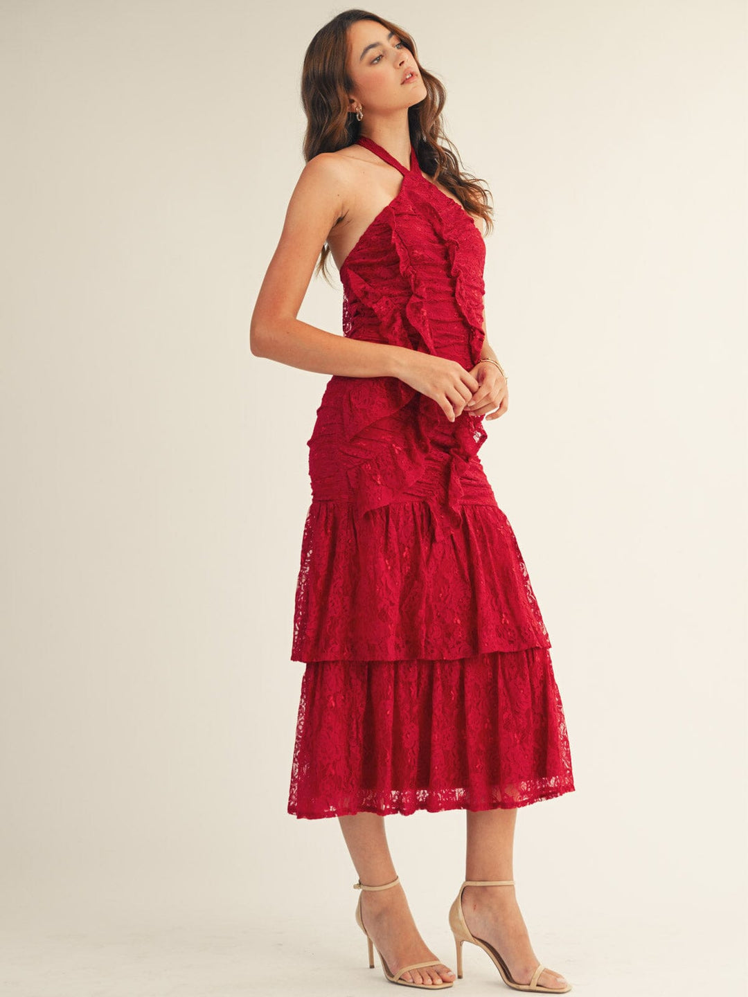JUST ME WOMEN'S SLEEVELESS HALTER NECK OPEN BACK RUFFLE RUCHED LACE MAXI DRESS