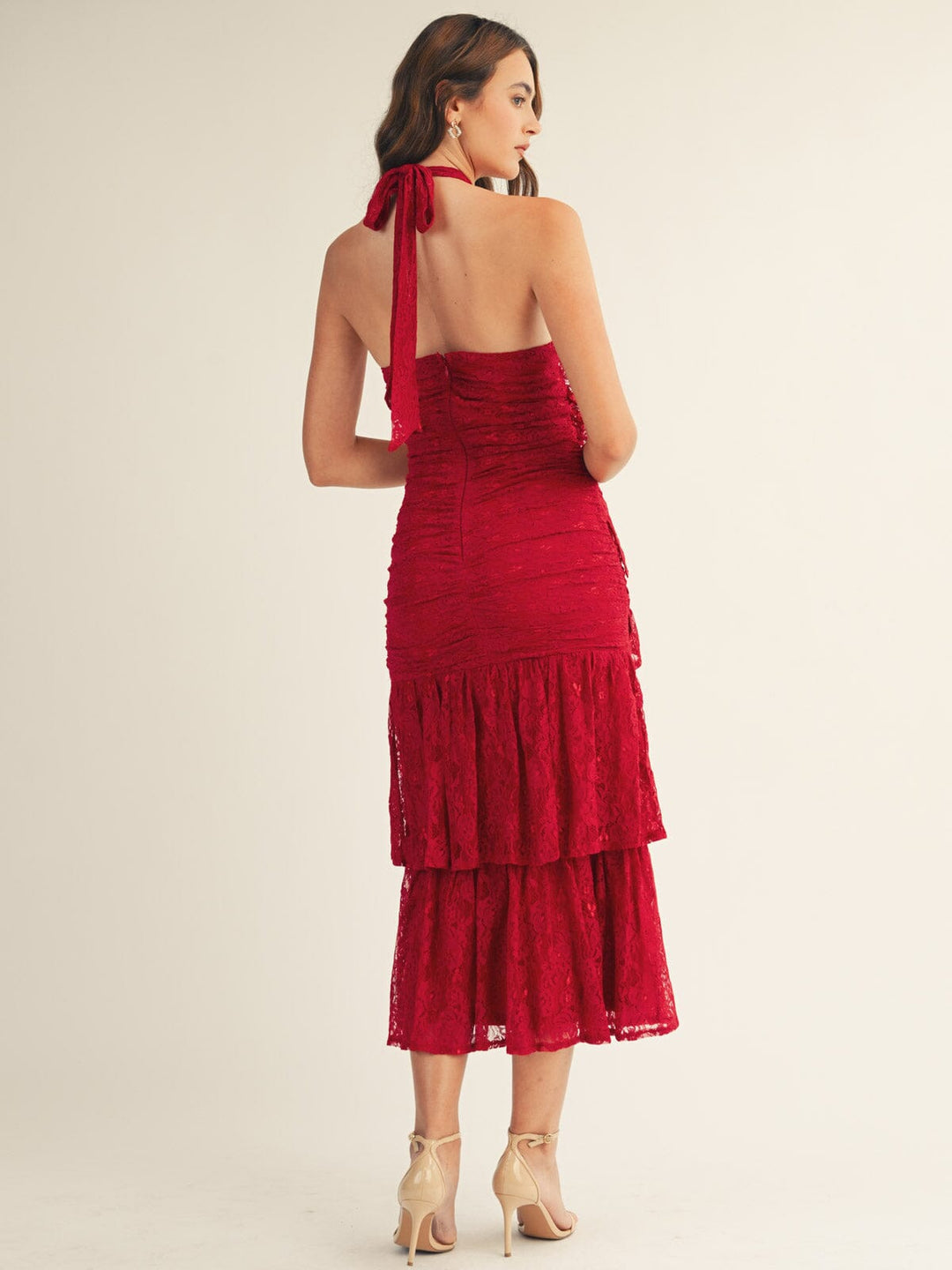 JUST ME WOMEN'S SLEEVELESS HALTER NECK OPEN BACK RUFFLE RUCHED LACE MAXI DRESS