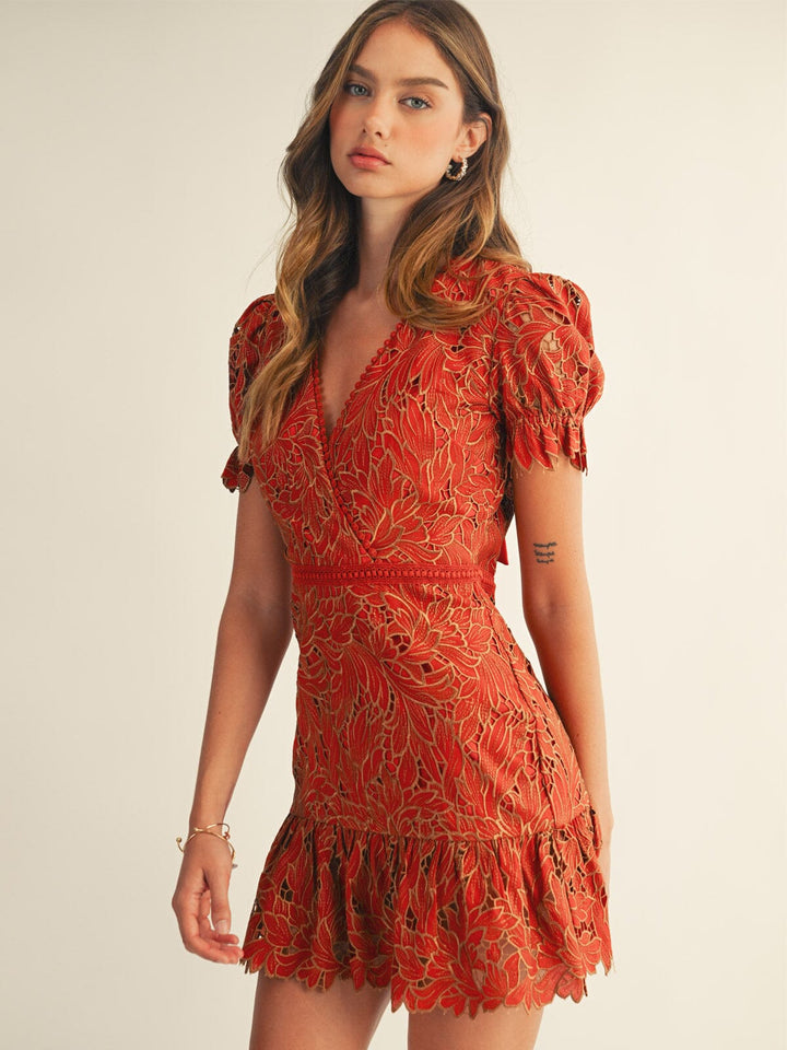 JUST ME WOMEN'S SHORT PUFF SLEEVE SURPLICE OPEN BACK CROCHET RUFFLE MINI DRESS