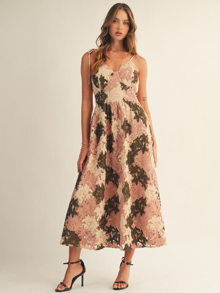 JUST ME WOMEN'S SLEEVELESS V-NECK FLORAL CROCHET MAXI DRESS