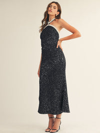 JUST ME WOMEN'S SLEEVELESS HALTER NECK OPEN BACK PEARL SEQUINS BODYCON MAXI DRESS