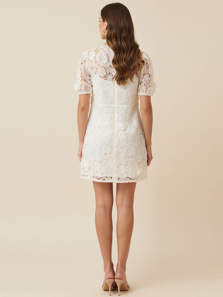 JUST ME WOMEN'S SHORT SLEEVE PEARL NECKLINE CROCHET MINI DRESS