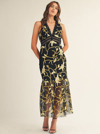 JUST ME WOMEN'S SLEEVELESS V-NECK OPEN BACK BODYCON FLORAL CROCHET MAXI DRESS