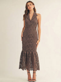 JUST ME WOMEN'S SLEEVELESS HALTER NECK BODYCON CROCHET MAXI DRESS