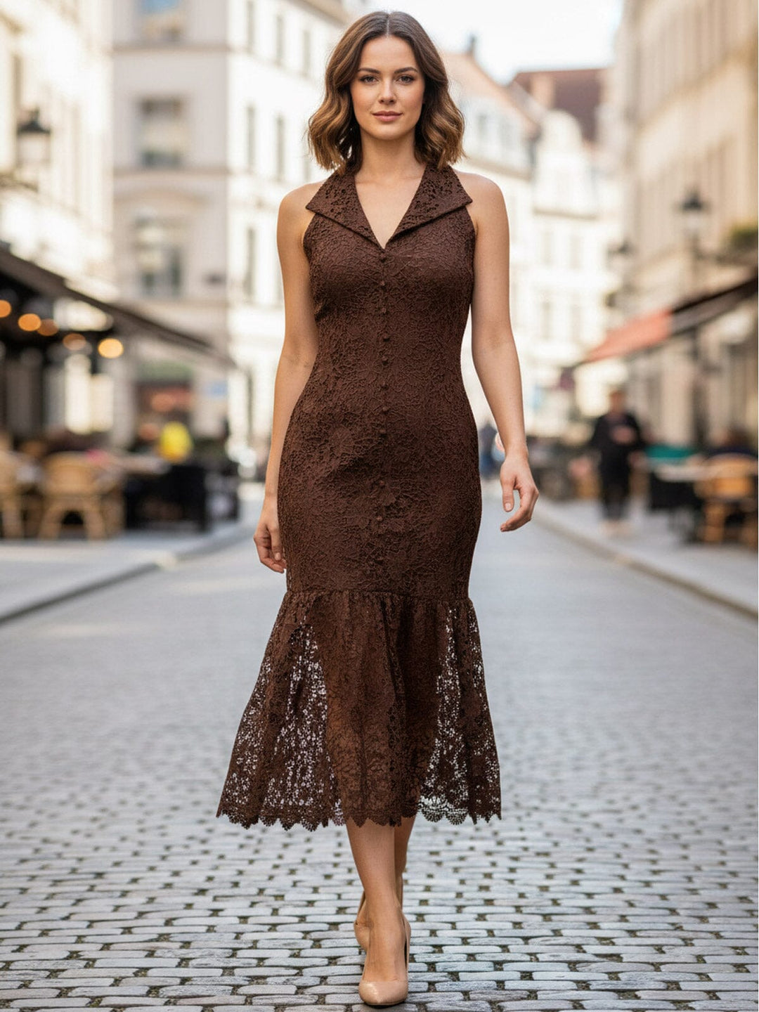 JUST ME WOMEN'S SLEEVELESS HALTER NECK BODYCON CROCHET MAXI DRESS