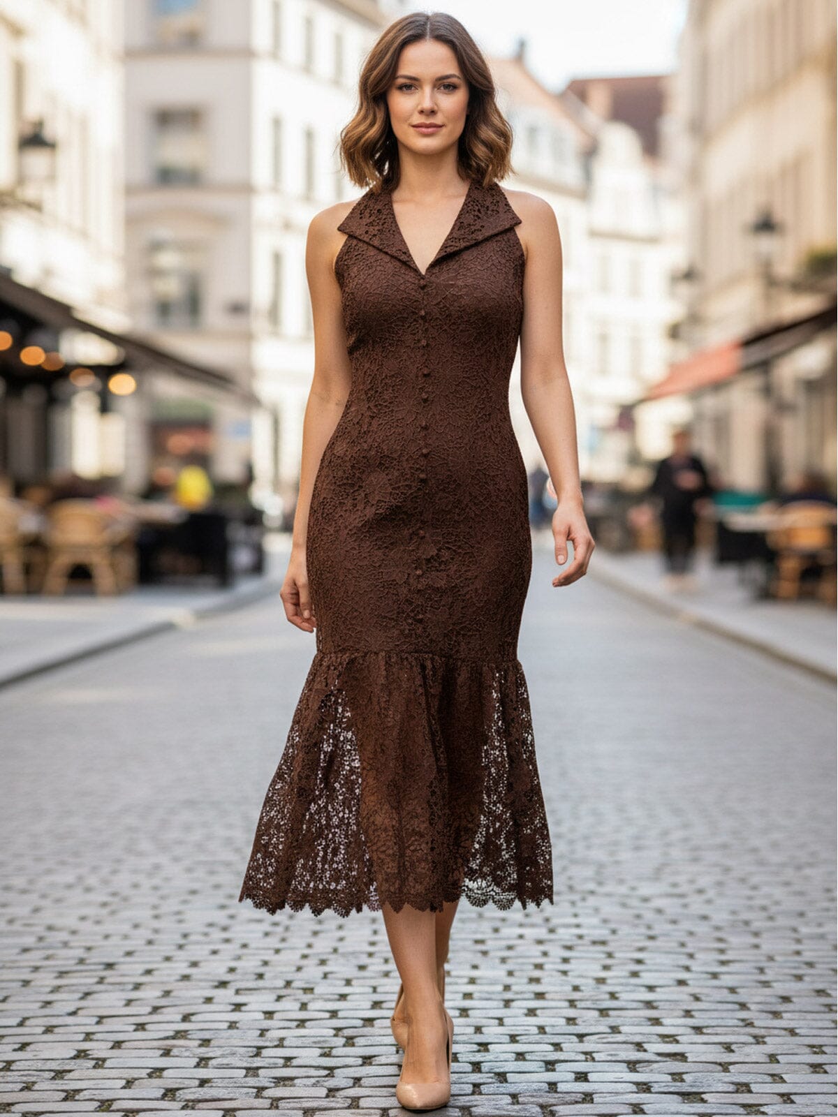 JUST ME WOMEN'S SLEEVELESS HALTER NECK BODYCON CROCHET MAXI DRESS