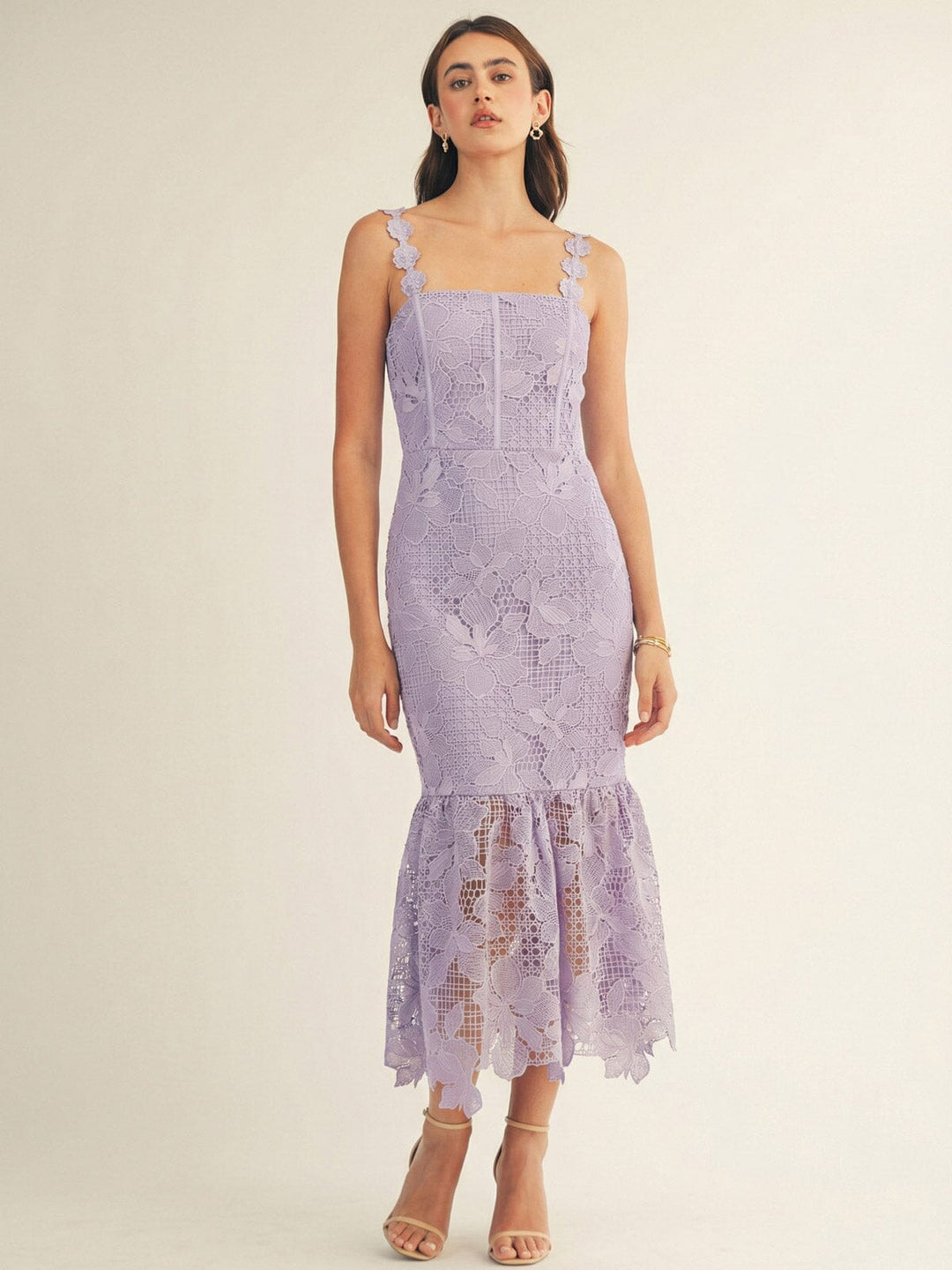 JUST ME WOMEN'S SLEEVELESS SQUARE NECK BODYCON CROCHET FLORAL MAXI DRESS