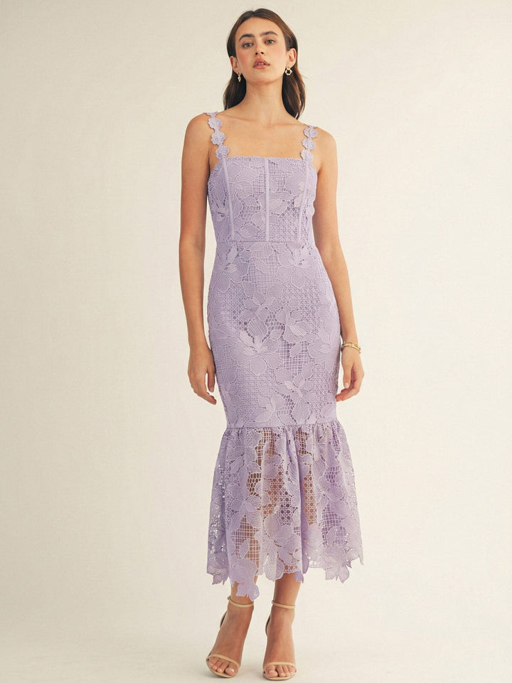 JUST ME WOMEN'S SLEEVELESS SQUARE NECK BODYCON CROCHET FLORAL MAXI DRESS