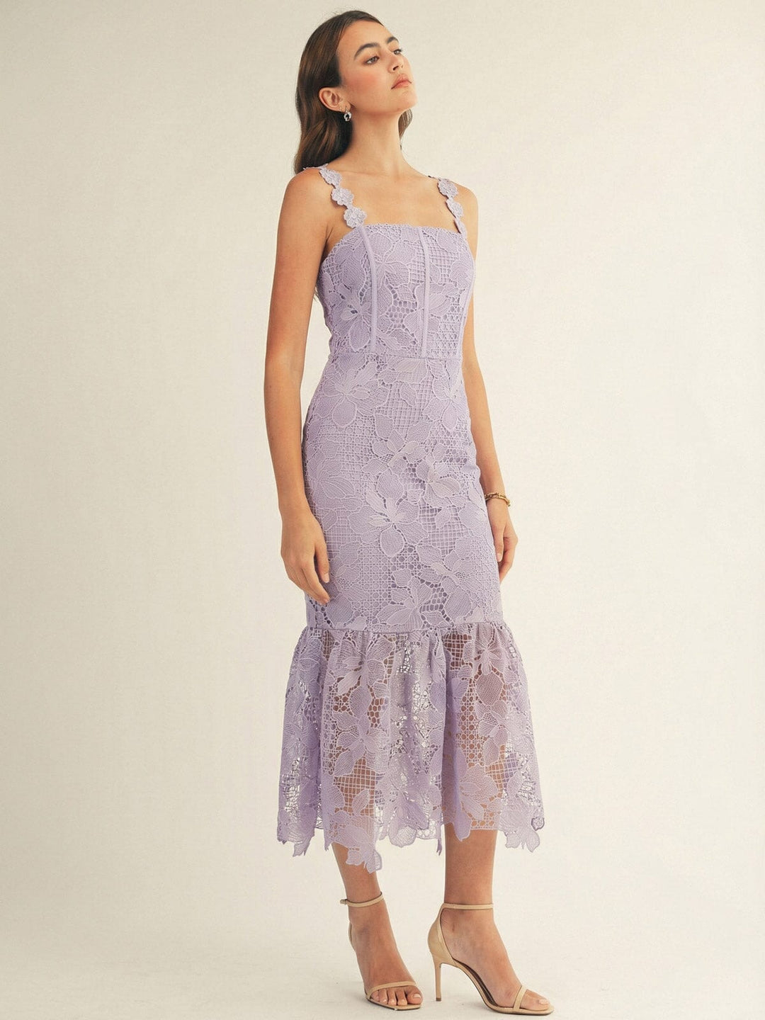 JUST ME WOMEN'S SLEEVELESS SQUARE NECK BODYCON CROCHET FLORAL MAXI DRESS