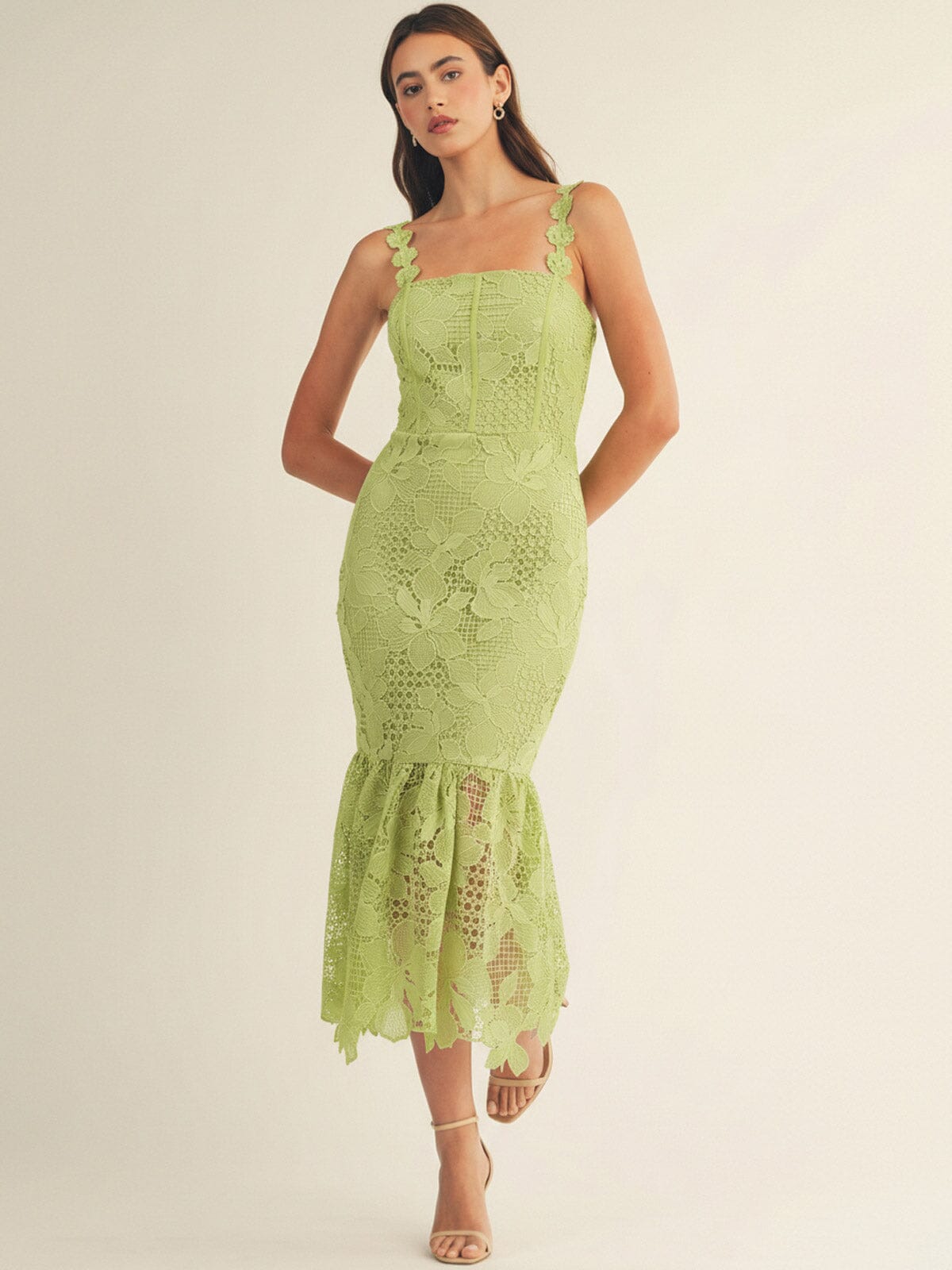 JUST ME WOMEN'S SLEEVELESS SQUARE NECK BODYCON CROCHET FLORAL MAXI DRESS