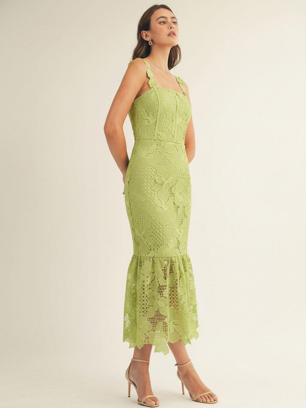 JUST ME WOMEN'S SLEEVELESS SQUARE NECK BODYCON CROCHET FLORAL MAXI DRESS