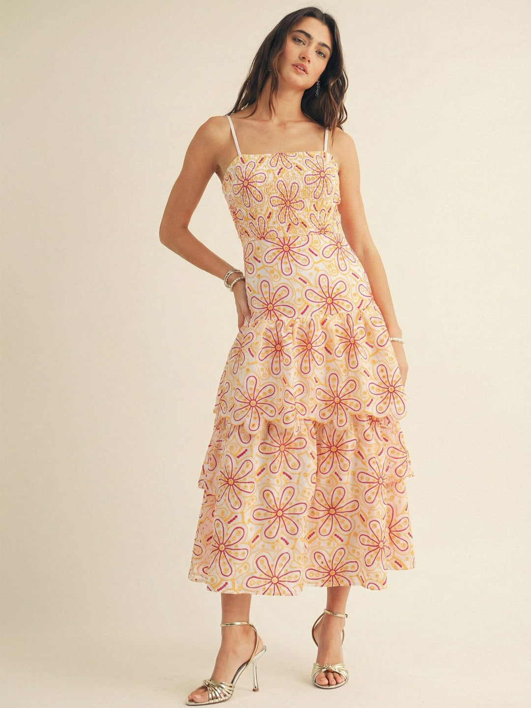 JUST ME WOMEN'S SLEEVELESS SQUARE NECK SMOCK FLORAL EYELET TIERED MAXI DRESS
