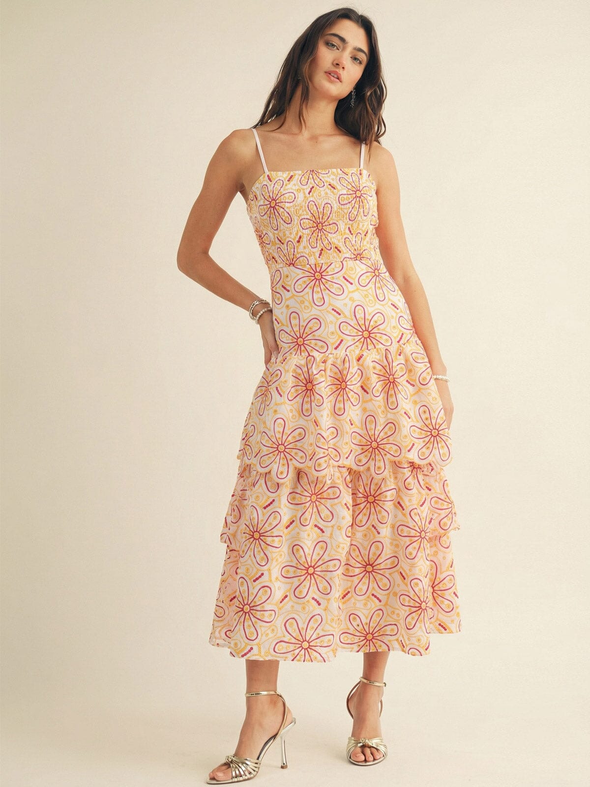 JUST ME WOMEN'S SLEEVELESS SQUARE NECK SMOCK FLORAL EYELET TIERED MAXI DRESS