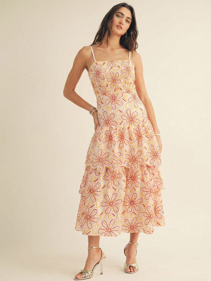 JUST ME WOMEN'S SLEEVELESS SQUARE NECK SMOCK FLORAL EYELET TIERED MAXI DRESS