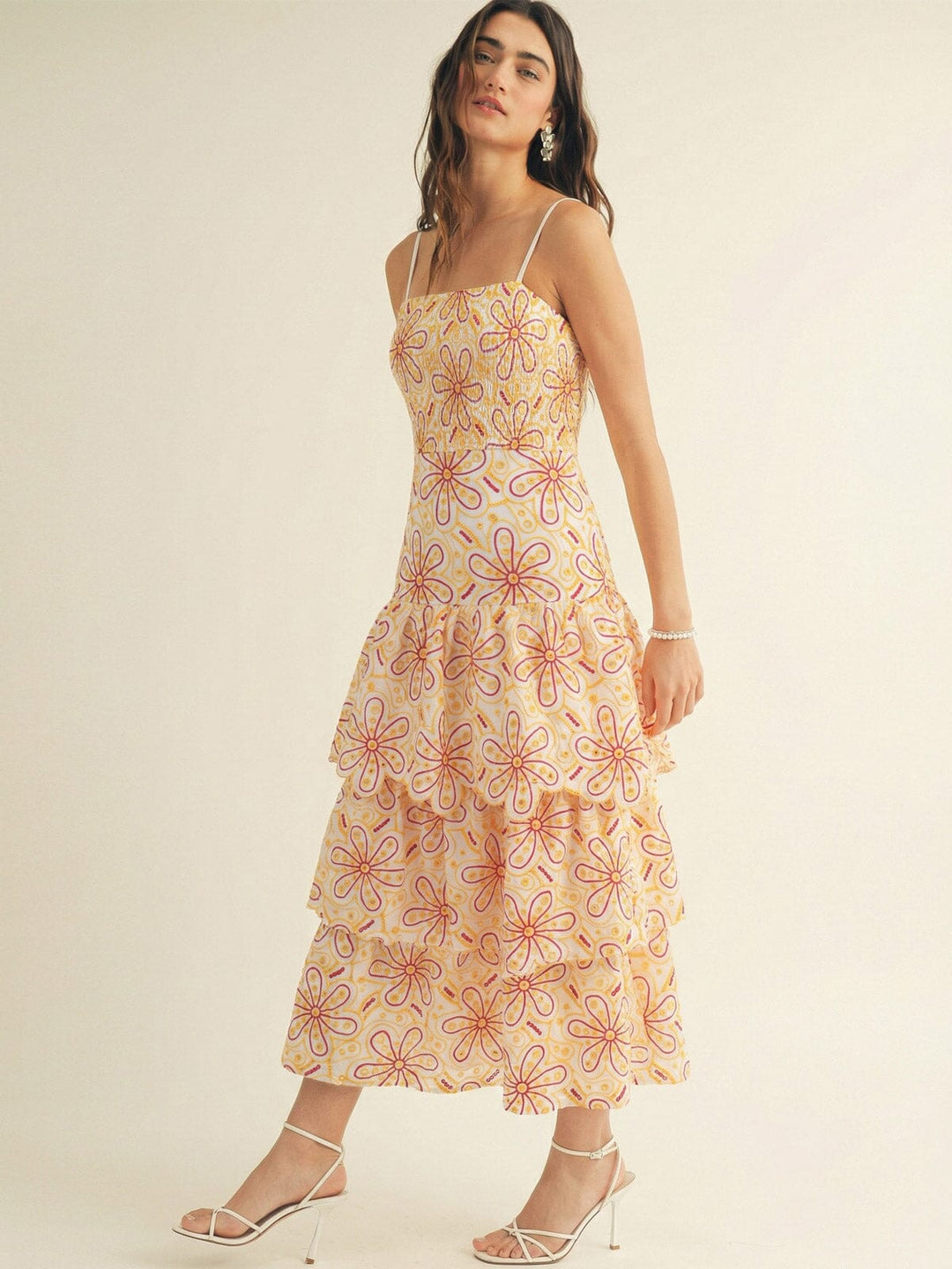 JUST ME WOMEN'S SLEEVELESS SQUARE NECK SMOCK FLORAL EYELET TIERED MAXI DRESS